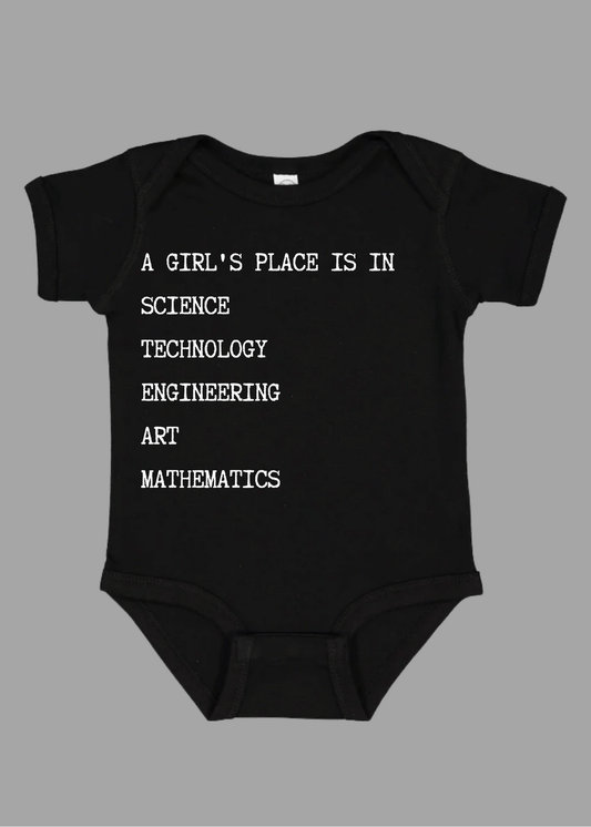 Madame Premier A Girl's Place Science Baby Onesie
