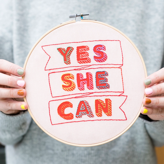 Yes She Can Embroidery Hoop Kit Red with Multicoloured Threads